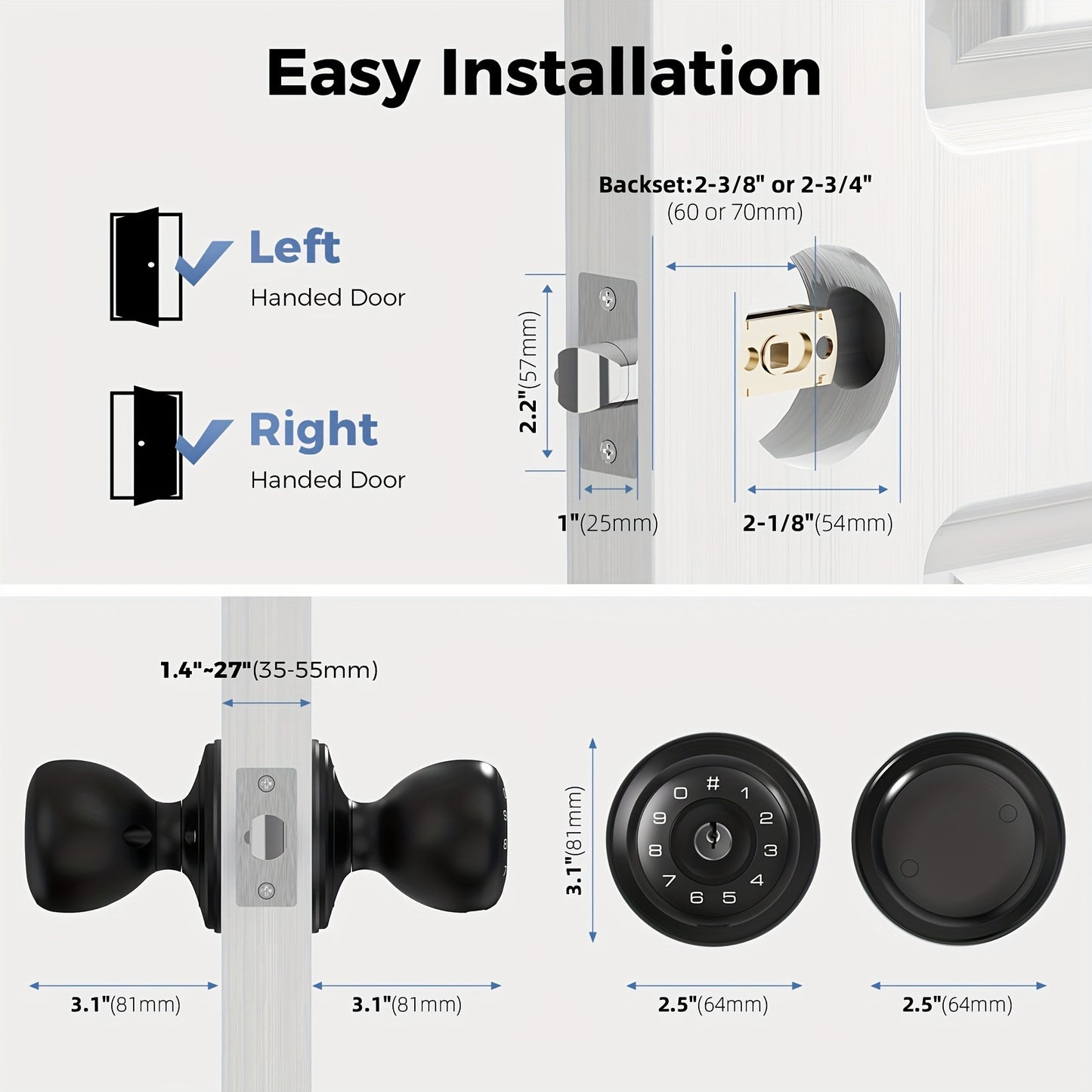 Ez Smart Door Knob with Keypad Battery Powered (Black)