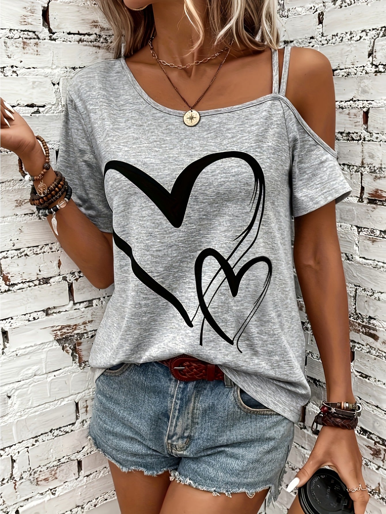 Heart Print Cold Shoulder T-shirt Elegant Short Sleeve (Assorted Sizes)