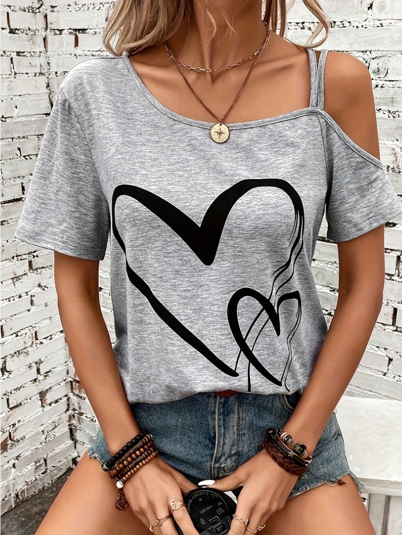 Heart Print Cold Shoulder T-shirt Elegant Short Sleeve (Assorted Sizes)