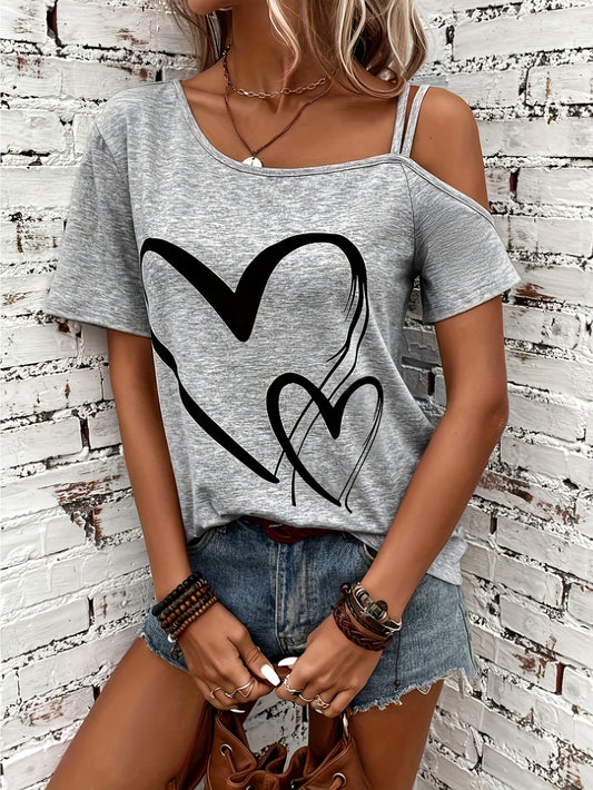 Heart Print Cold Shoulder T-shirt Elegant Short Sleeve (Assorted Sizes)