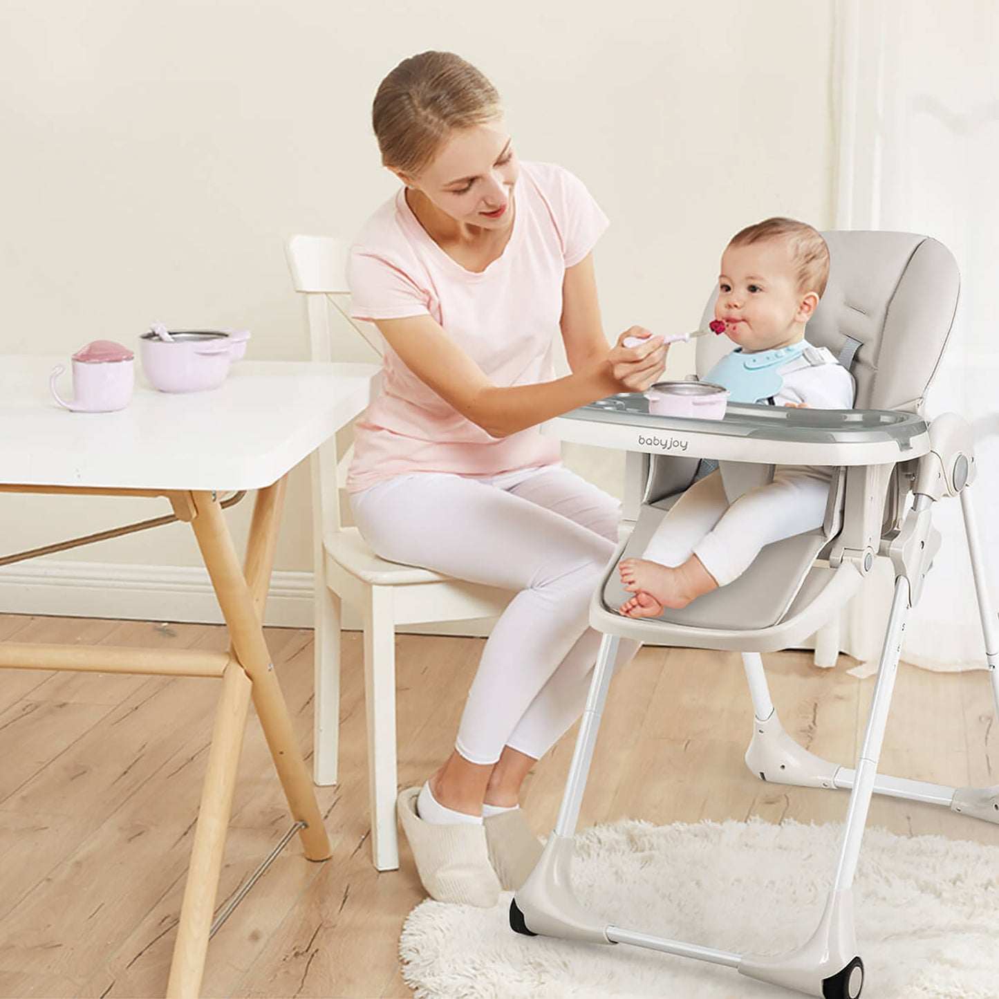 Adjustable Baby High Chair With Casters (Grey)