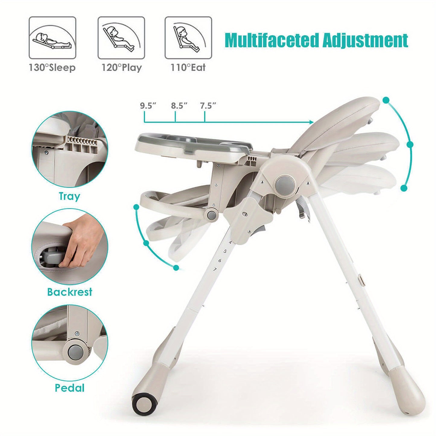 Adjustable Baby High Chair With Casters (Grey)