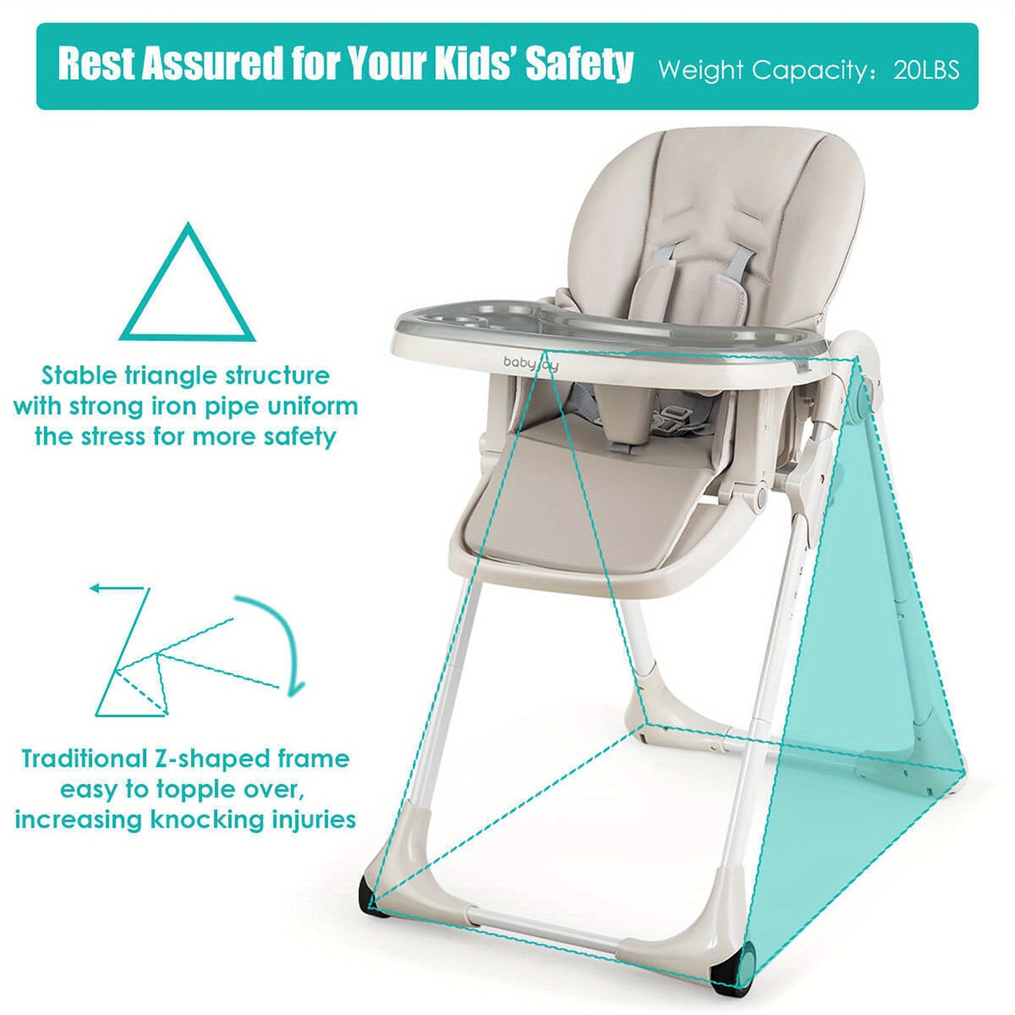 Adjustable Baby High Chair With Casters (Grey)