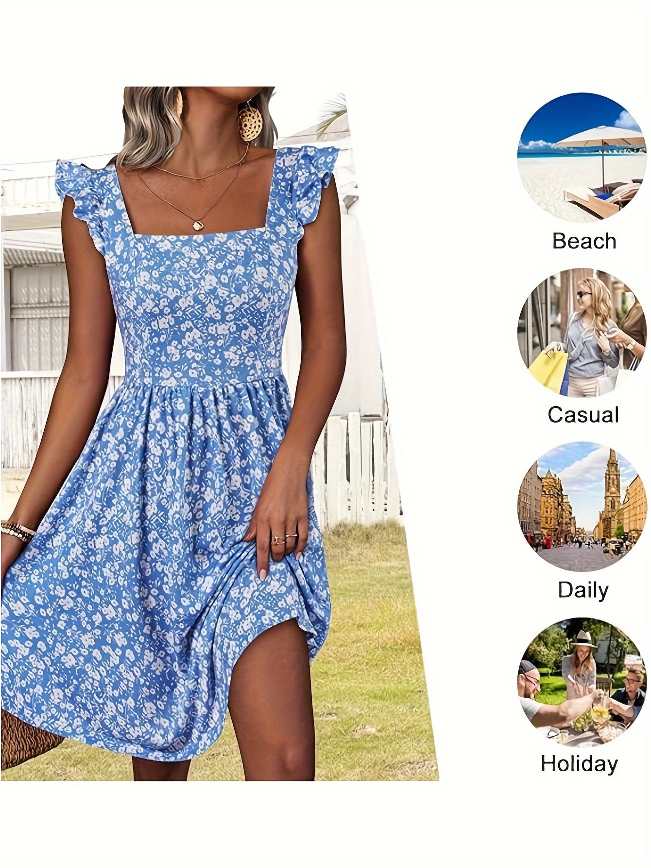 Floral Print Square Neck Patched Pockets Dress (Assorted Styles)