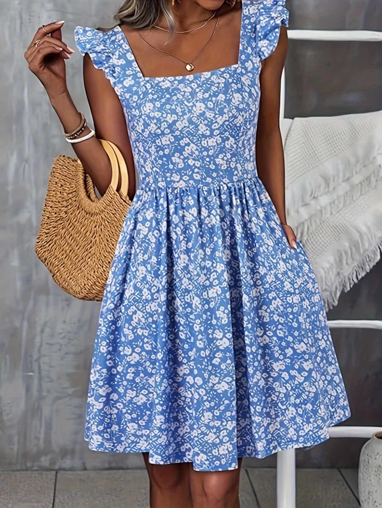 Floral Print Square Neck Patched Pockets Dress (Assorted Styles)