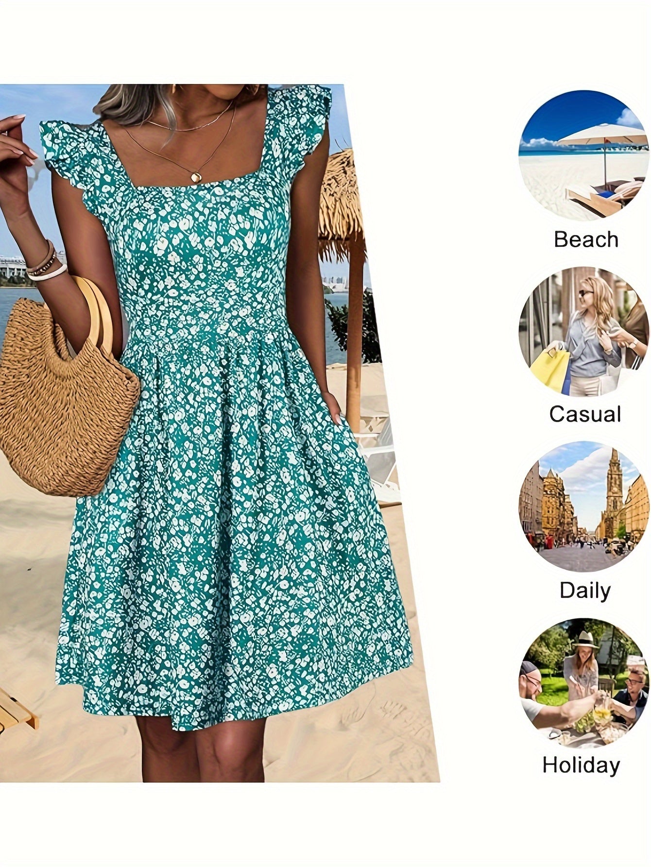 Floral Print Square Neck Patched Pockets Dress (Assorted Styles)