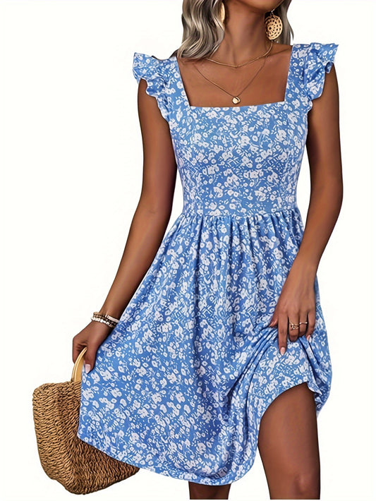 Floral Print Square Neck Patched Pockets Dress (Assorted Styles)