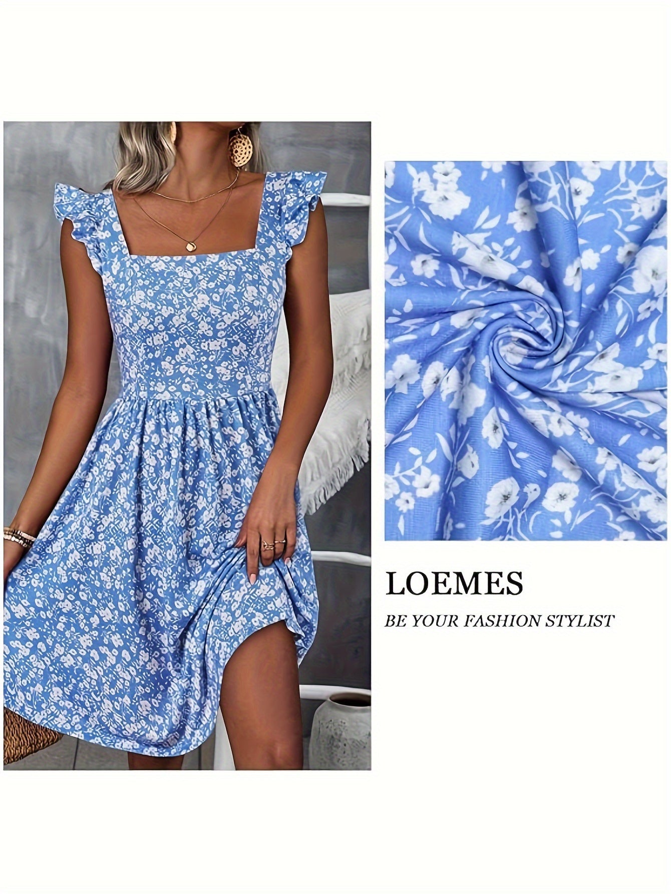 Floral Print Square Neck Patched Pockets Dress (Assorted Styles)