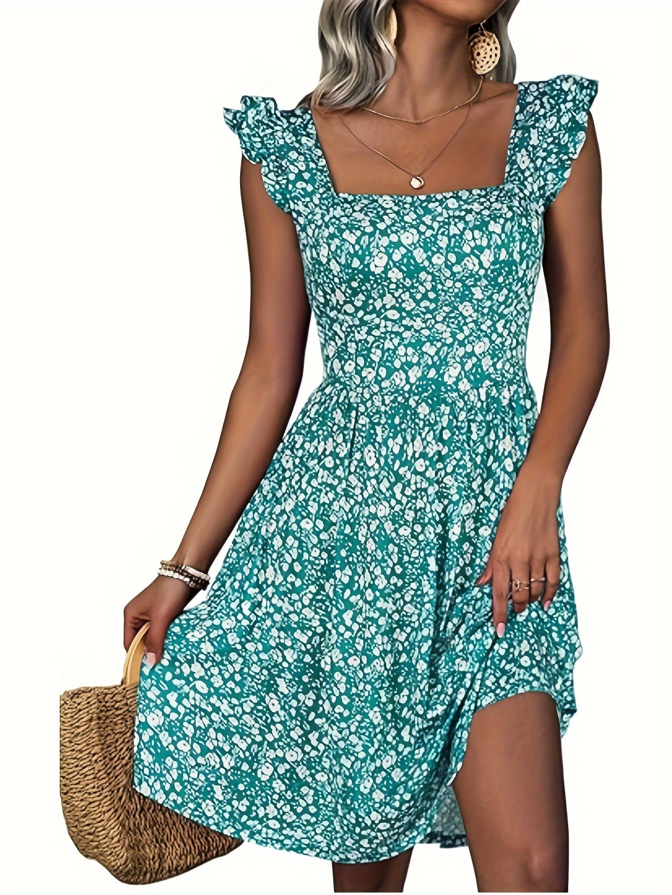 Floral Print Square Neck Patched Pockets Dress (Assorted Styles)