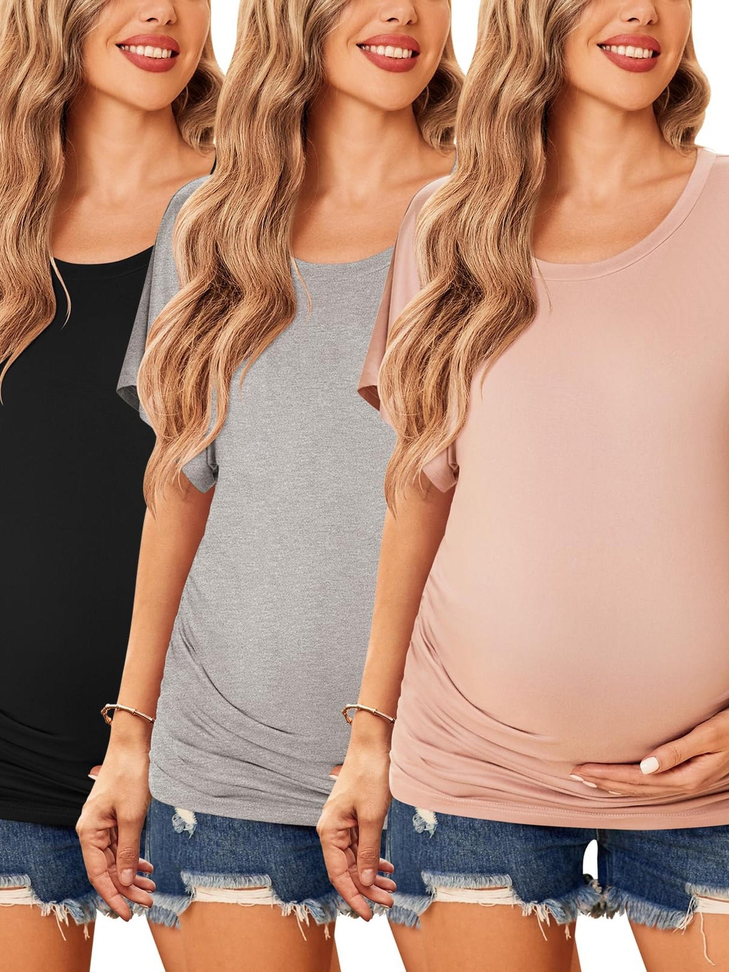 Maternity Shirts Ruched Tops Casual Pregnancy Clothes (3 Pack)