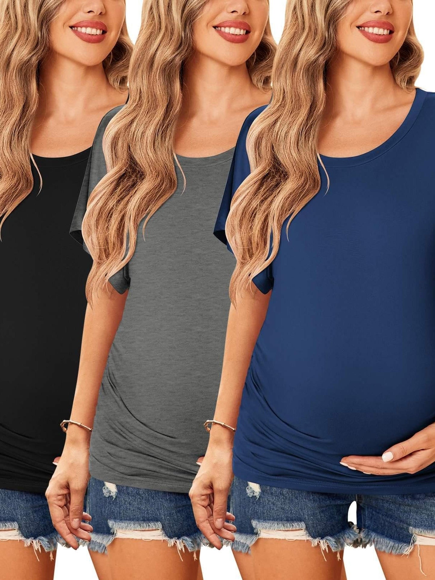 Maternity Shirts Ruched Tops Casual Pregnancy Clothes (3 Pack)