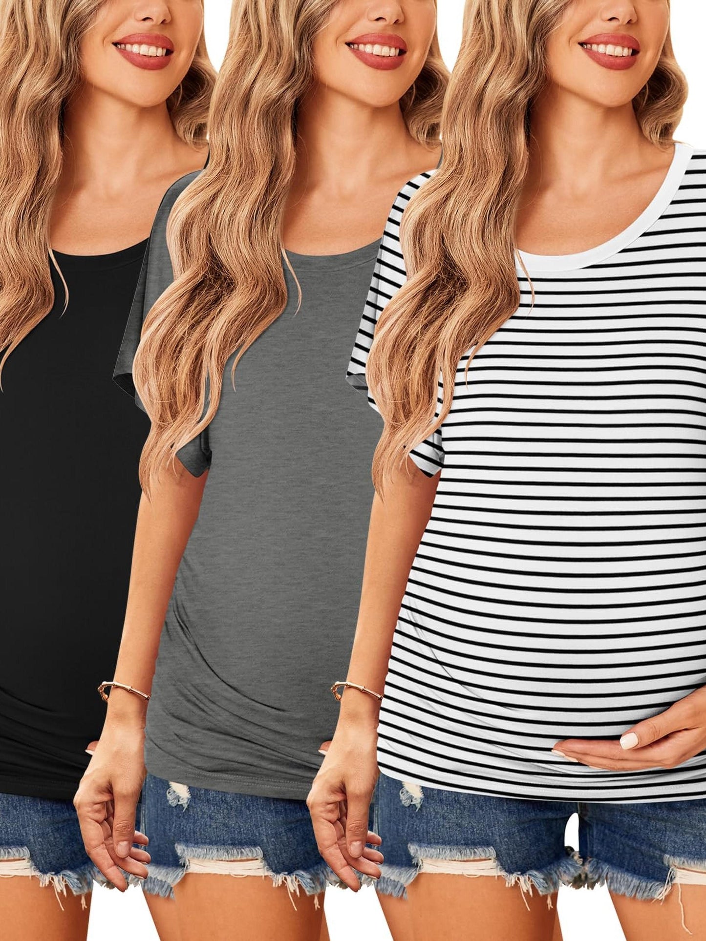 Maternity Shirts Ruched Tops Casual Pregnancy Clothes (3 Pack)