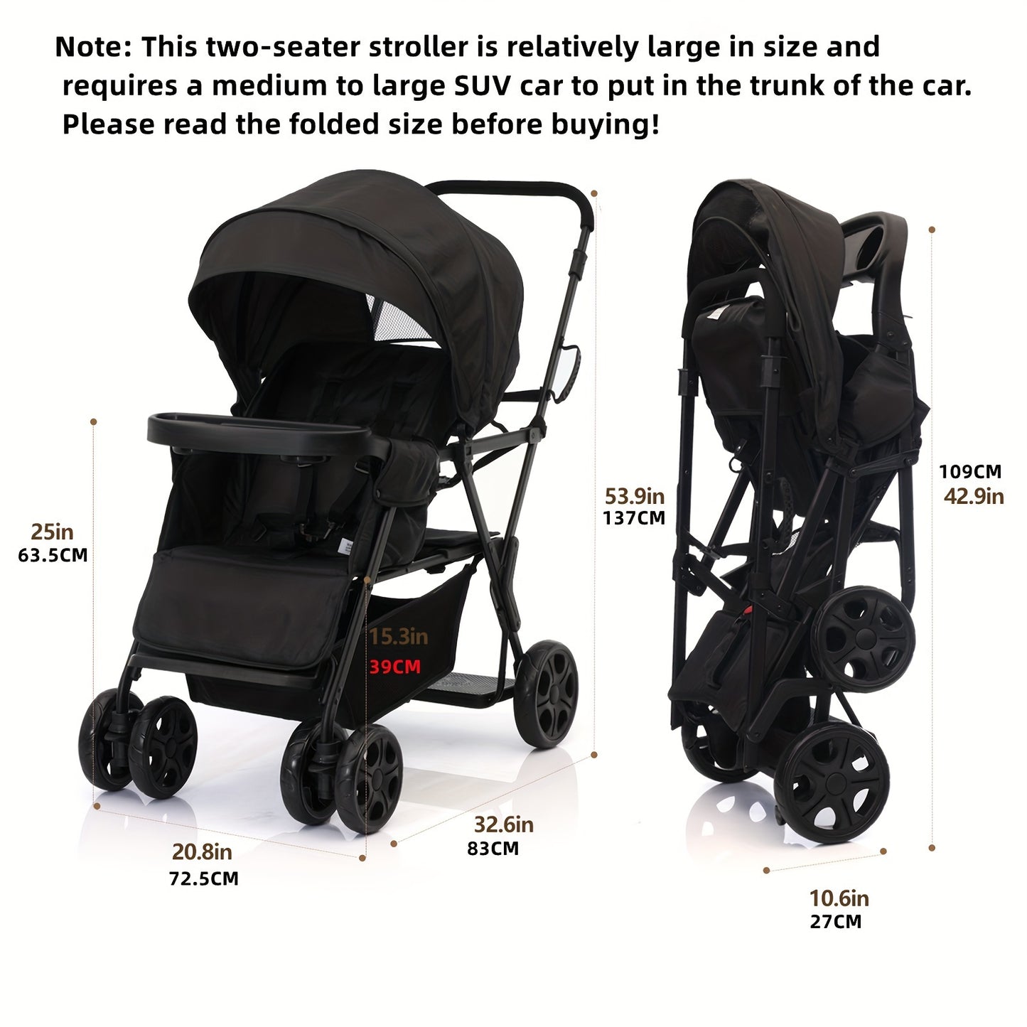 Two-Seater Folding 3 In 1 Stroller (Black)