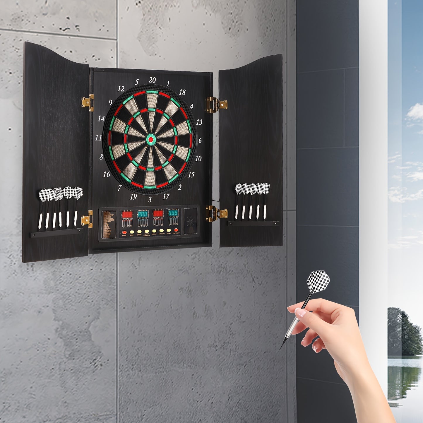 Electronic Dart Board Set With Cabinet (Black)