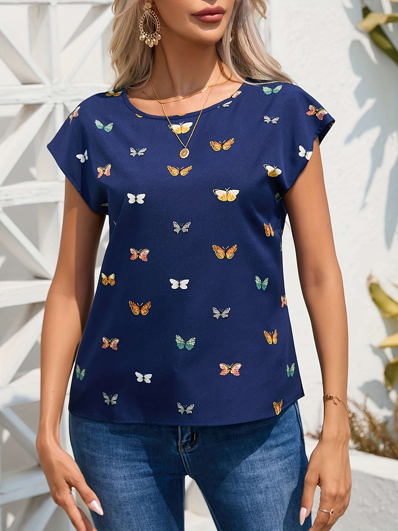 Butterfly Print Crew Neck Blouse (Assorted Sizes)