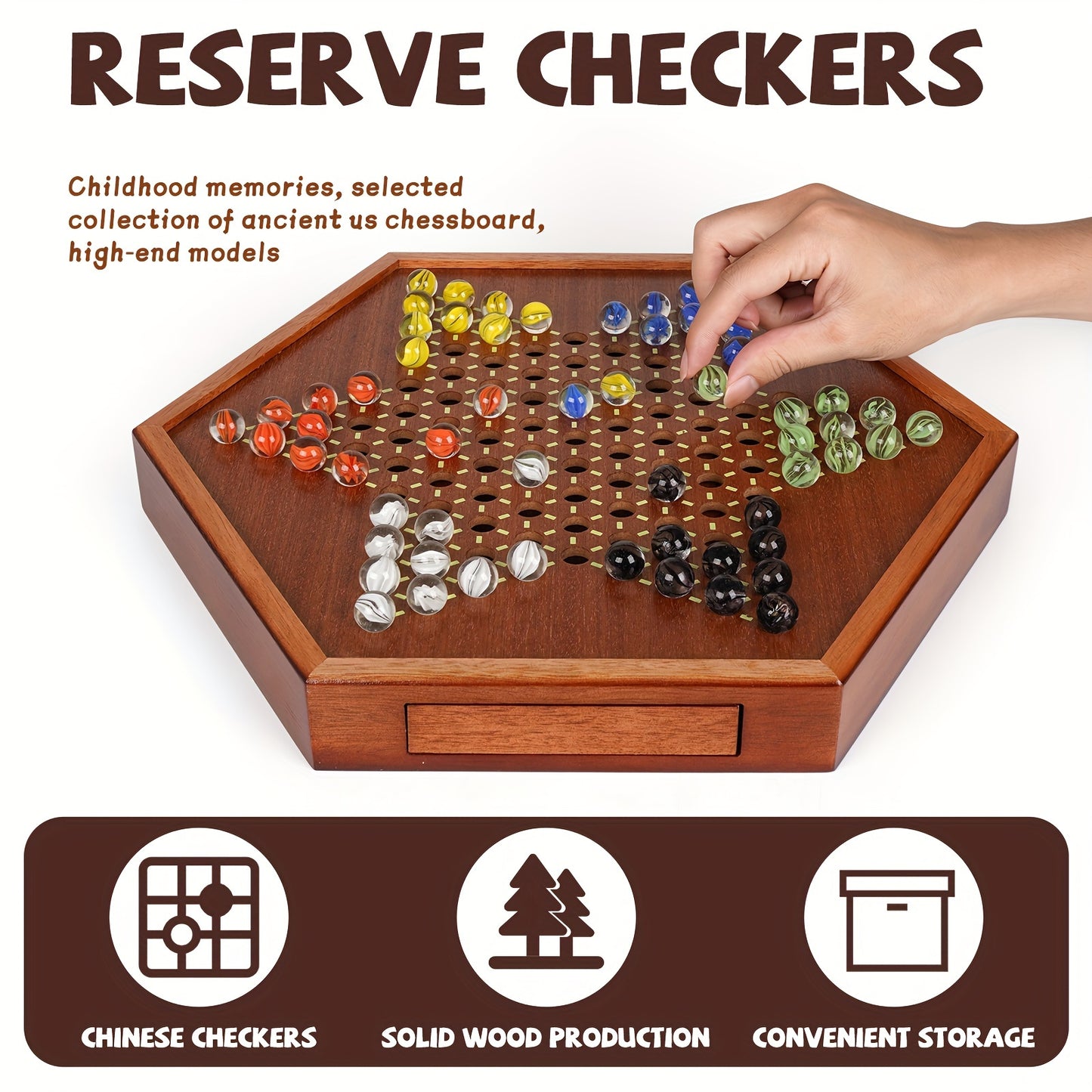 Wooden Chinese Checkers Glass Marble Set (Natural)