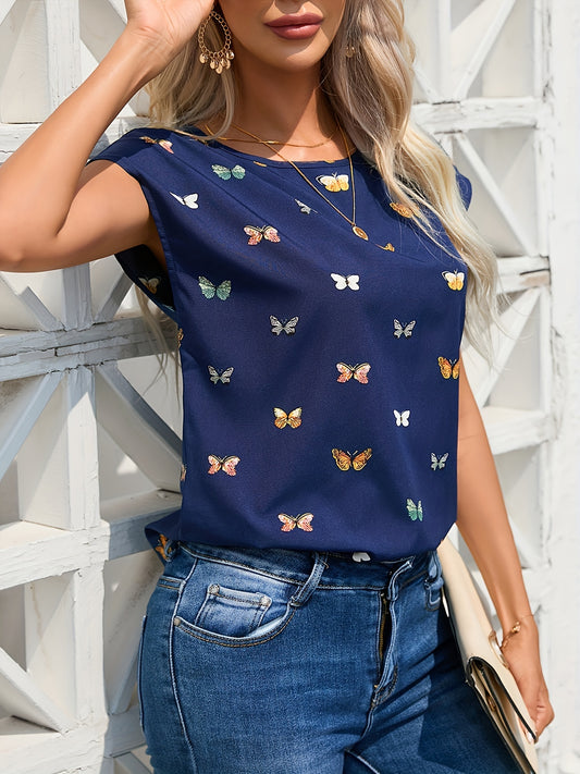 Butterfly Print Crew Neck Blouse (Assorted Sizes)