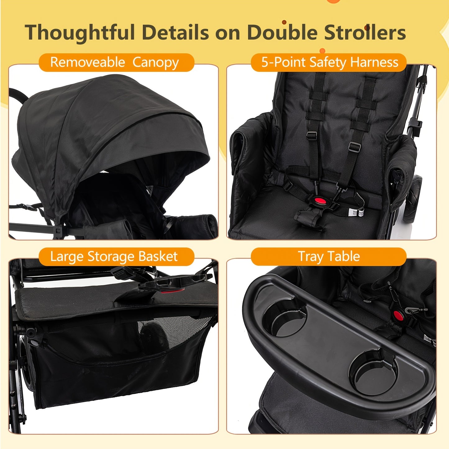 Two-Seater Folding 3 In 1 Stroller (Black)