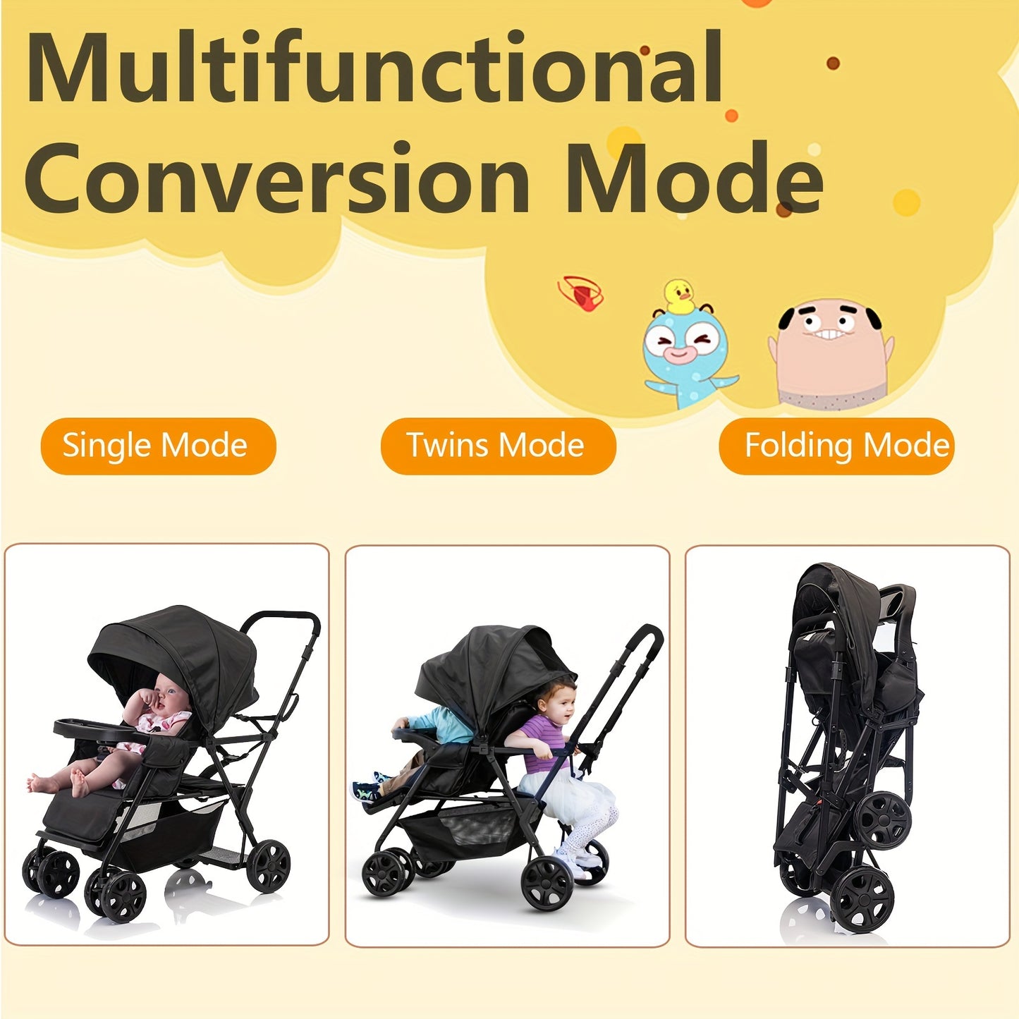 Two-Seater Folding 3 In 1 Stroller (Black)