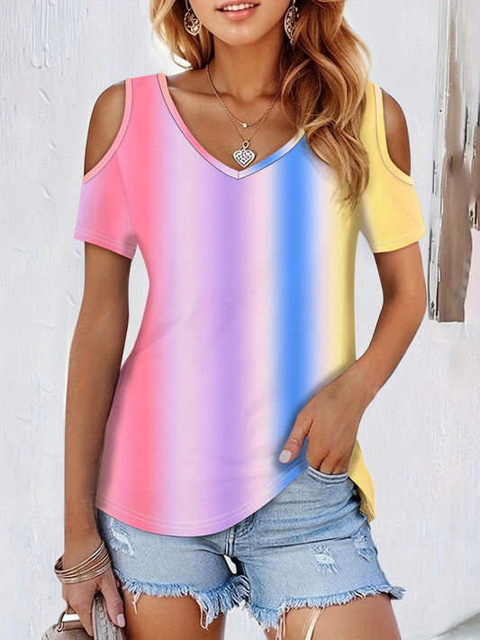 Gradient Color Cold Shoulder T-shirt Casual V Neck (Assorted Sizes)